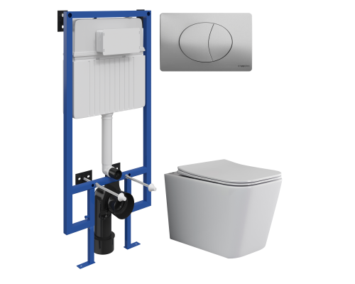 Комплект Унитаз подвесной Ceramicanova Cubic CN1806 с микролифтом, безободковый + Инсталляция STWORKI + Кнопка 230823 хром матовый