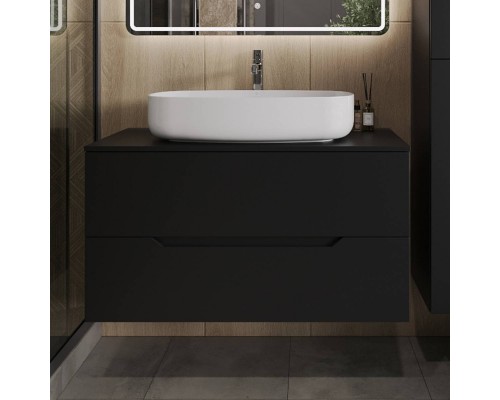 Тумба с раковиной Orange Line 100 подвесная, 2 ящика, матовая черная с раковиной B07-675W