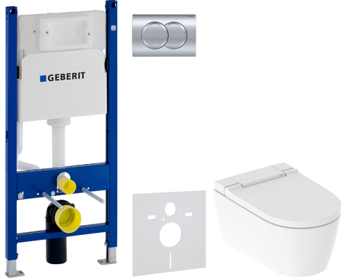 Комплект Унитаз подвесной Geberit AquaClean Sela 146.224.11.1 альпийский белый + Инсталляция Duofix Delta 458.149.21.1 с кнопкой смыва, хром + Шумоизоляция 156.050.00.1