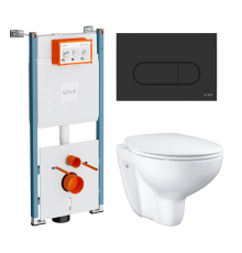 Комплект Унитаз подвесной Grohe Bau Ceramic 39351000 безободковый, альпин-белый + Инсталляция VitrA V-Fix Core 732-5800-01PV + Кнопка Root Round 740-2211 черная матовая