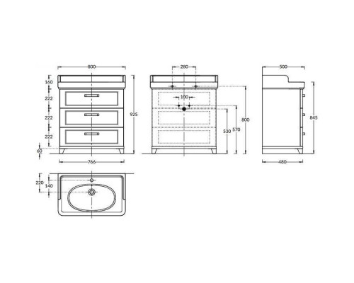 Kerama Marazzi Pompei Тумба напольная 80см, с 3 ящиками, цвет: белый глянцевый. PO.N.80.3\WHT