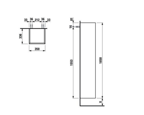 Laufen Base высокий шкаф 35x33.5x165см., 1 дверца, DX, 1 фиксированная полка, 4 стеклянные полки, дизайн совпадает с комбинированными раковинами, цвет: белый глянцевый. 4.0268.2.110.261.1