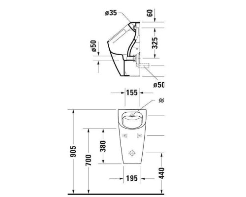 Duravit ME by Starck Писсуар Rimless 0,5л., без смывного края, подача воды сзади, с вытяжкой, сток горизонтальный, включая крепление, модель без bdquo;мушк. 2809300000
