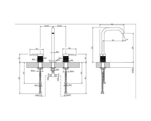 Gessi 316 Смеситель для раковины на 3 отверстия, без донного клапана, излив 156мм, h=269мм, цвет: brushed black metal pvd. 54311#707
