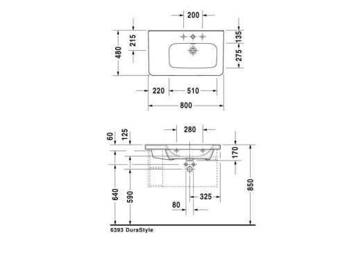 Duravit DuraStyle Раковина 80х48 см, 3 отв., Sx, с переливом, цвет: белый. 2326800030