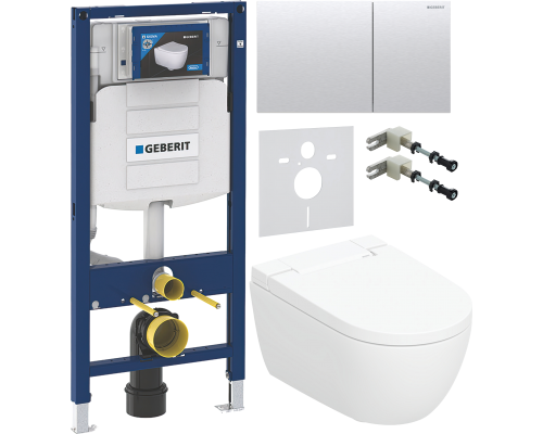 Комплект Умный подвесной Geberit AquaClean Alba безободковый, с биде + Инсталляция Duofix UP 320 111.300.00.5 + Кнопка Sigma 70 115.622.FW.1 матовая нержавеющая сталь + Звукоизоляция 156.050.00.1 + Крепления 111.815.00.1 к стене