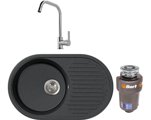 Комплект Мойка кухонная FOSTO КМ 74-46 графит + Смеситель MEGA City MG- ZRV104 хром + Измельчитель Bort Titan Max Power FullControl
