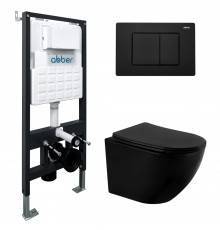 Комплект Abber Bequem AC1100MB-AC0105-AC0120MB, Унитаз подвесной безободковый, с микролифтом + Система инсталляции + Кнопка смыва черная матовая