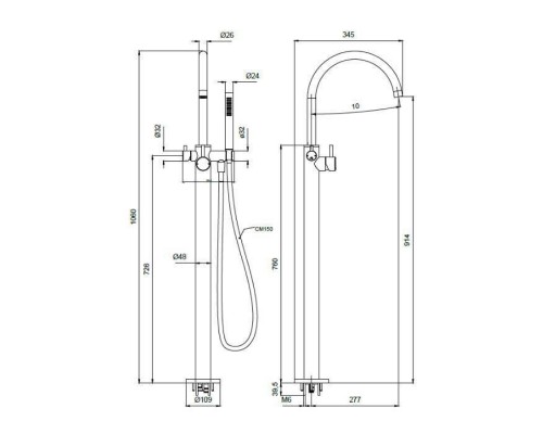Almar Mixers Смеситель для ванны, напольный, с ручным душем, цвет: черный металл брашированный PVD