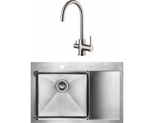 Комплект Мойка кухонная Paulmark Kroner PM217851-BSL брашированная нержавеющая сталь L + Смеситель Essen Es213211-NI никель