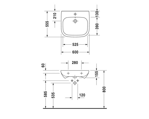Duravit D-Code Раковина с перел., с 1 отв. под смес., 60х55см., цвет: белый . 23126000002