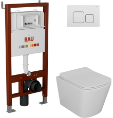 Комплект Унитаз подвесной Bauedge Bau Stil безободковый, с микролифтом + Инсталляция Bau Pro + Кнопка Soul, белая