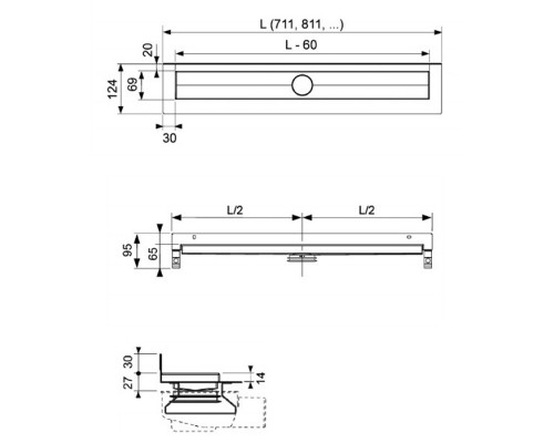 TECE drainline, Комплект для установки дренажного канала 1000 мм из нержавеющей стали для пристенного монтажа. 660005,  660003,  601070,  650001,  660018,  601001