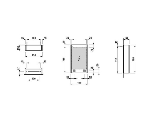 Laufen Frame 25 Зеркальный шкаф 45x15x75см., алюминий, 1 дверца с зеркалом с 2х сторон, DX, сенс. выкл., 2 розетки, 2 верт-х эл-та LED-подсветки (регул-ая яркость), с окружающим освещением (внизу), цвет: белый . 4.0835.2.900.145.1