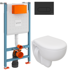 Комплект Унитаз подвесной Seramiksan Natura A051041H + Крышка AG50002 + Инсталляция VitrA V-Fix Core 732-5800-01 с кнопкой смыва Root R 740-2211 черной матовой