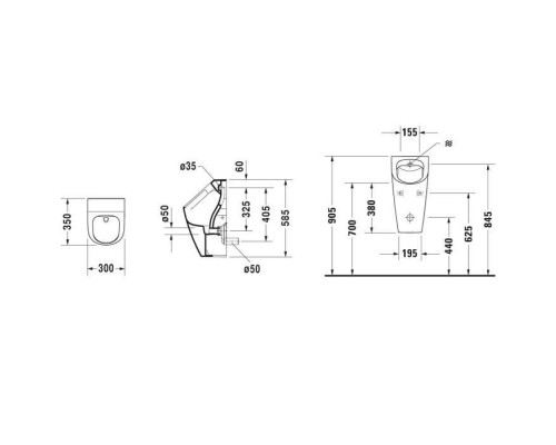 Duravit ME by Starck Писсуар подвесной, Rimless 0,5л., без смывного края, подача воды сзади, с вытяжкой, сток горизонтальный, включая крепление, модель без bdquo;мушки, цвет: белый. 2809300000