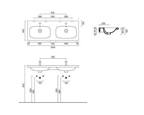 Catalano Alvea Раковина 120x46 двойная, с 2 отв., цвет: белый глянцевый . 0621222001