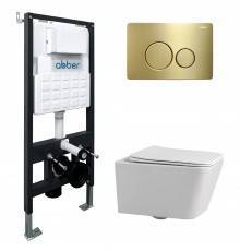 Комплект Abber Rechteck AC1201-AC0105-AC0121MMG, Унитаз подвесной безободковый, с микролифтом + Система инсталляции + Кнопка смыва матовое золото