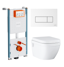 Комплект Унитаз подвесной Grohe Euro Ceramic 39703000 безободковый + Инсталляция VitrA V-Fix Core 732-5800-01PV + Кнопка Root Square 740-2300 белая глянцевая