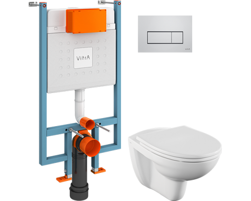 Комплект Унитаз подвесной Norm Fit 6855B099-1777 + Крышка VitrA Norm 84-003-749 с микролифтом + Инсталляция V-Fix Core 738-5800-01 с кнопкой смыва Root S 740-2380 хром