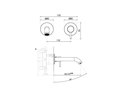 Almar Mixers Смеситель для раковины, настенный, цвет: медь брашированная PVD. E210033.CO Almar Mixers Смеситель для раковины, настенный, цвет: медь брашированная PVD. E210033.CO