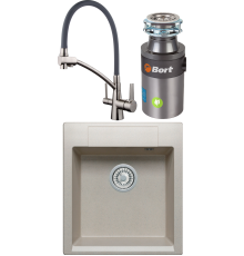 Комплект Мойка кухонная Polygran Argo 460 серая + Смеситель Gappo G4398 с гибким изливом, сатин, серый + Измельчитель Bort Titan 4000 Plus