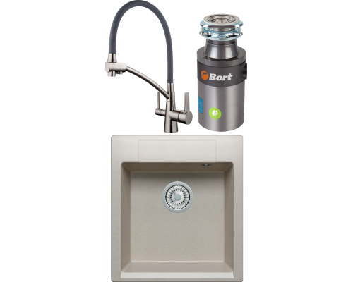 Комплект Мойка кухонная Polygran Argo 460 серая + Смеситель Gappo G4398 с гибким изливом, сатин, серый + Измельчитель Bort Titan 4000 Plus