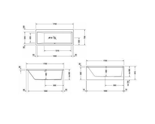 Duravit VERO Ванна 170х70см, акриловая, прямоугольная встраиваемая или с панелями, наклон спины слева, цвет: белый. 790100000000000,  790289000001000,  700131000000000