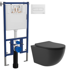 Комплект Унитаз подвесной Aqueduto Ovo OVO0140 безободковый, с микролифтом, черный матовый + Инсталляция DIWO 4501 + Кнопка 7320 белая