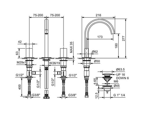 Fantini Venezia Смеситель для раковины, 3 отв., излив: 175 мм, цвет: Matt Gun Metal PVD. 29 P5 N448,  29 P5 N404S
