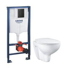 Комплект Унитаз подвесной Grohe Bau Ceramic 39351000 безободковый, альпин-белый + Инсталляция Solido 38811KF0 3 в 1 с кнопкой смыва