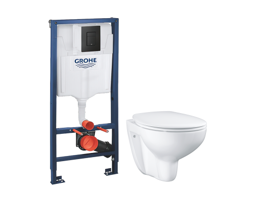 Комплект Унитаз подвесной Grohe Bau Ceramic 39351000 безободковый, альпин-белый + Инсталляция Solido 38811KF0 3 в 1 с кнопкой смыва