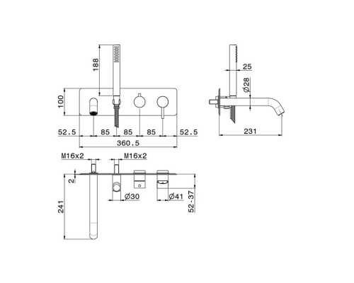 Newform X-STEEL 316 Смеситель для ванны, встраиваемый, с ручным душем, излив 23.1см, цвет: Stainless steel. 69680EX.50.050
