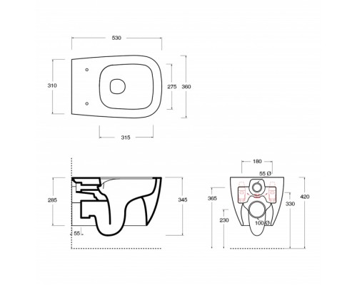 Alice Wunder Унитаз 53х31см., подвесной, безободковый, смыв aliflush+, под крепления Fischer WB-KliX, без сиденья и крышки, биколор, цвет: белый матовый/глянце. 45000191