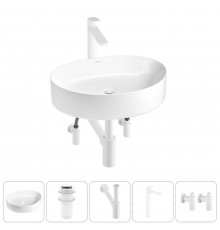Накладная раковина для ванной комнаты Wellsee Belle Spa 2.0 20212592R в наборе 5 в 1: раковина белый глянец, донный клапан, сифон, смеситель, вентили (цвет набора матовый белый)