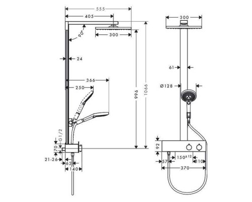 Hansgrohe Raind.E 300 1j Душевая система, с верхним душем 30х30см., ручным душем, и термостатическим смесителем, цвет: хром. 27361000 Hansgrohe Raind.E 300 1j Душевая система, с верхним душем 30х30см., ручным душем, и термостатическим смесителем, цвет: хром. 27361000