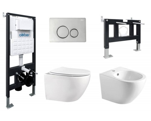 Комплект Abber Bequem AC1100-AC0105-AC0121-AC1150-AC0101P, Унитаз подвесной безободковый, с микролифтом + Система инсталляции + Кнопка смыва хром + Биде