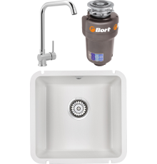 Комплект Мойка кухонная Paulmark Unter 50 PM204543-WH белая + Смеситель MEGA Didim MG-CM107 хром + Измельчитель Bort Titan 5000