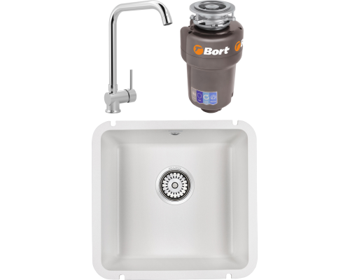 Комплект Мойка кухонная Paulmark Unter 50 PM204543-WH белая + Смеситель MEGA Didim MG-CM107 хром + Измельчитель Bort Titan 5000