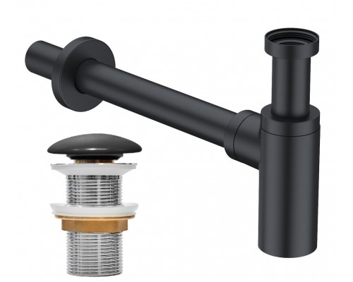 Комплект Донный клапан IDDIS Optima Home OPHBM00i88 черный матовый + Сифон OPTBL00i84 32 мм, бутылочный, матовый черный