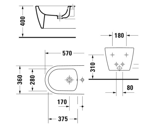 Duravit Me by Starck Биде подвесное 57х37см., с 1 отв. под смеситель, с креплением, цвет: белый. 2288150000