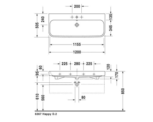 Duravit Happy D.2 Раковина 120x50.5 см, 3 отв., с переливом, цвет: белый. 2318120030