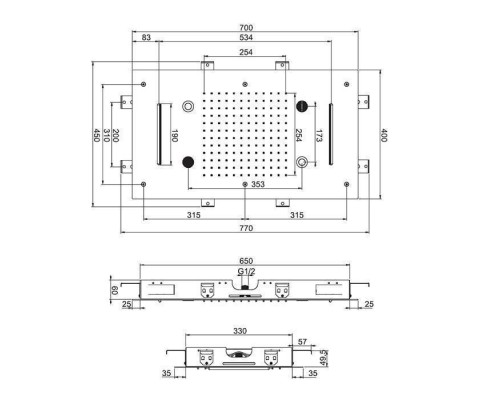 Carlo Frattini Wellness Верхний душ Harmonia 700x400 мм., встраиваемый, 2 режима: дождь, 2 каскада; Bluetooth, хромотерапия LED, цвет: хром. F2904CR