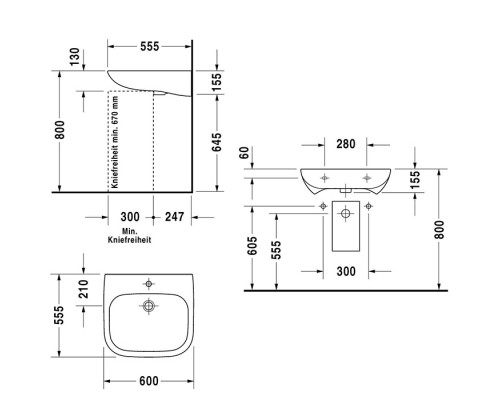 Duravit D-Code Раковина медицинский Med, без перелива, с 1 отв. под смес., 60х55см., цвет: белый. 23136000002