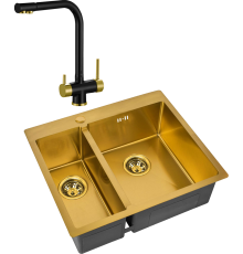 Комплект Мойка кухонная Zorg Inox PVD SZR-59-2-51-R BRONZE R, бронза + Смеситель Sanitary ZR 348 YF BLACK BRONZE