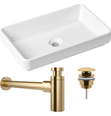 Комплект Раковина Lavinia Boho Bathroom Sink Slim 33311004 + Донный клапан Wellsee Drainage System 182141000 золото + Сифон 182106000 золото