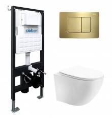 Комплект Abber Bequem AC1100T-AC0105-AC0120MMG, Унитаз подвесной безободковый, с микролифтом + Система инсталляции + Кнопка смыва золото матовое