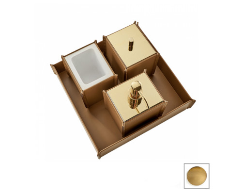 3SC Meridien Набор настольный 26.5х16.5х26.5см (лоток, дозатор, контейнер, стакан из белого композита и гладкой кожи), цвет: Invecchiato/золото сатин пол.. MER97AINGDS