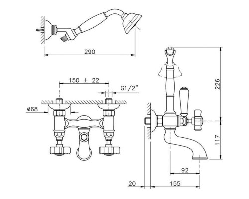 Nicolazzi Half Dome Смеситель для ванны с душем duplex, настенный, 2 отв., излив 155 мм, цвет: хром. 1402CR70
