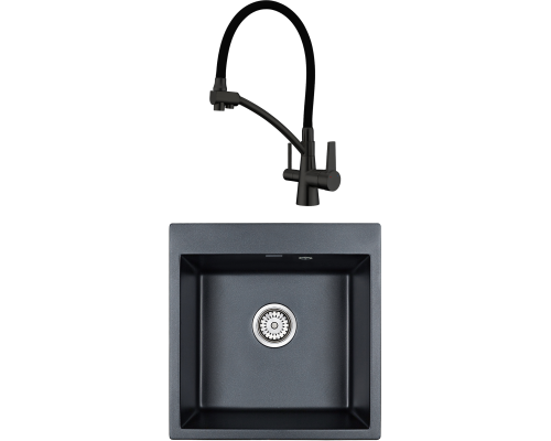 Комплект Мойка кухонная Paulmark Kante 50 PM105152-BLM черный металлик + Смеситель Gappo G4398-16 с гибким изливом, черный